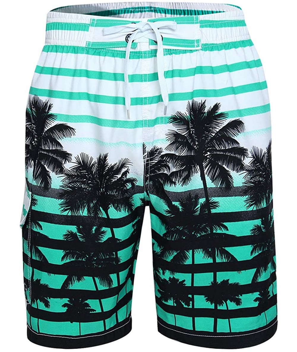 Board Shorts Men's Swim Trunks Quick Dry Mesh Lining Hawaii Beach Short with Pockets Bathing Suits - Palm Tree-mint Green - C...