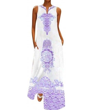 Cover-Ups Women Summer Ladies Casual V Neck Flower Print Maxi Tank Dress Sleeveless Long Party Beach Dresses Sundress Purple ...