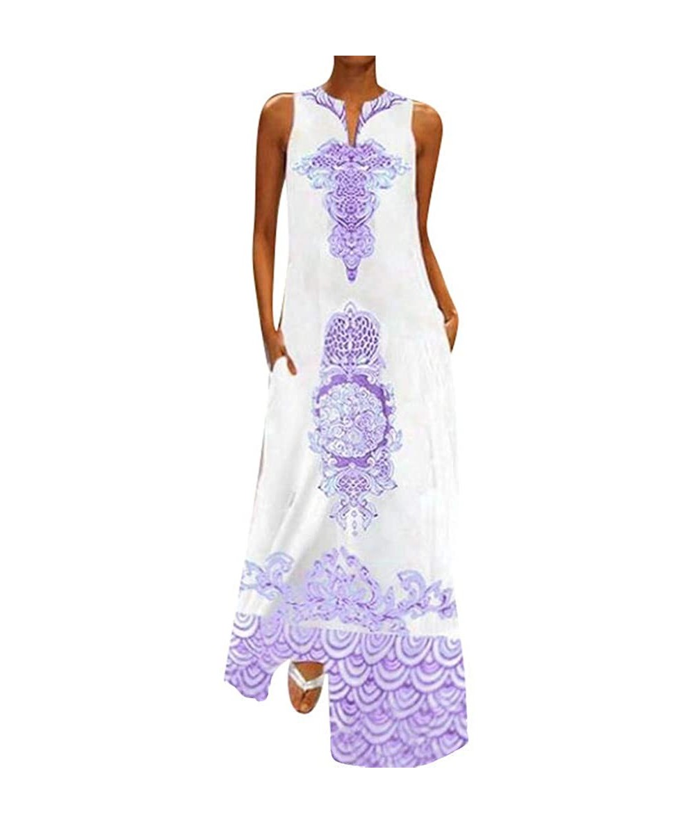 Cover-Ups Women Summer Ladies Casual V Neck Flower Print Maxi Tank Dress Sleeveless Long Party Beach Dresses Sundress Purple ...