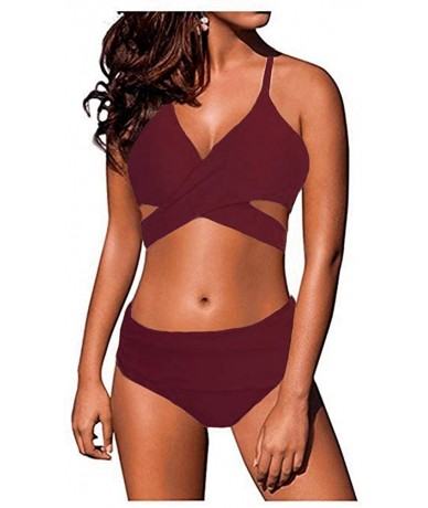 Sets Womens Teen Cross Wrap Bandage Halter High Waisted Bikini Set Bathing Suits Two Pieces Swimsuit - Wine Red - CB19CGQH97M...