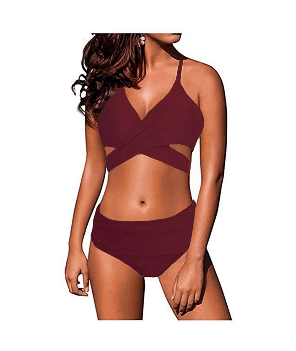 Sets Womens Teen Cross Wrap Bandage Halter High Waisted Bikini Set Bathing Suits Two Pieces Swimsuit - Wine Red - CB19CGQH97M...