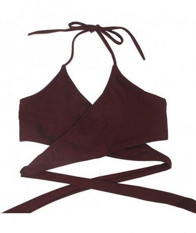 Sets Womens Teen Cross Wrap Bandage Halter High Waisted Bikini Set Bathing Suits Two Pieces Swimsuit - Wine Red - CB19CGQH97M...