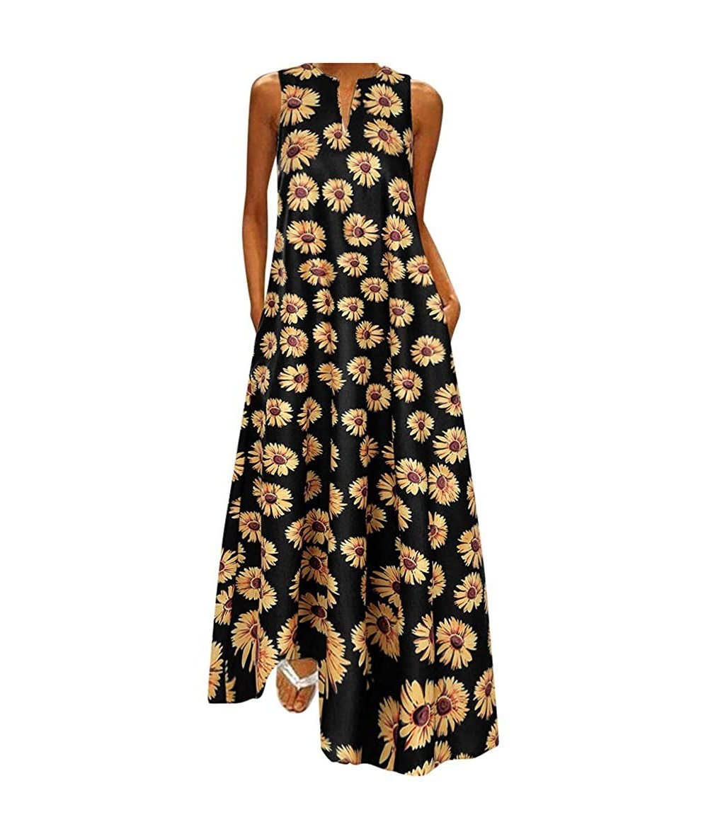 Cover-Ups Women's Sleeveless V-Neck Floor-Length Casual Dress with Pockets - Xa馃尯yellow - CW18YEZTWOS $40.60