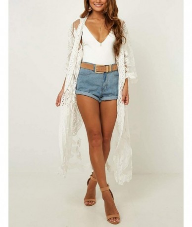 Cover-Ups Women Sexy Lace Crochet Open Front Swimsuit Beach Long Kimono Cover Ups - White 9 - CN18U2EEWU4 $44.57