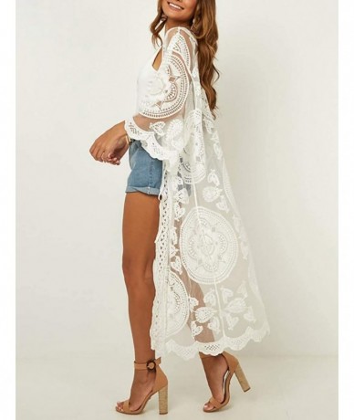 Cover-Ups Women Sexy Lace Crochet Open Front Swimsuit Beach Long Kimono Cover Ups - White 9 - CN18U2EEWU4 $44.57