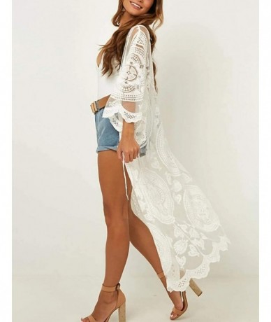 Cover-Ups Women Sexy Lace Crochet Open Front Swimsuit Beach Long Kimono Cover Ups - White 9 - CN18U2EEWU4 $44.57