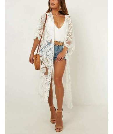 Cover-Ups Women Sexy Lace Crochet Open Front Swimsuit Beach Long Kimono Cover Ups - White 9 - CN18U2EEWU4 $44.57