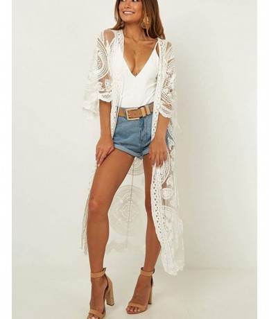 Cover-Ups Women Sexy Lace Crochet Open Front Swimsuit Beach Long Kimono Cover Ups - White 9 - CN18U2EEWU4 $44.57