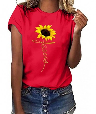 Racing Sunflower Graphic Tees Women Short/Long Sleeve Blouse Round Neck Summer Casual Loose Plus Size T Shirt Tops 2 Red - CV...