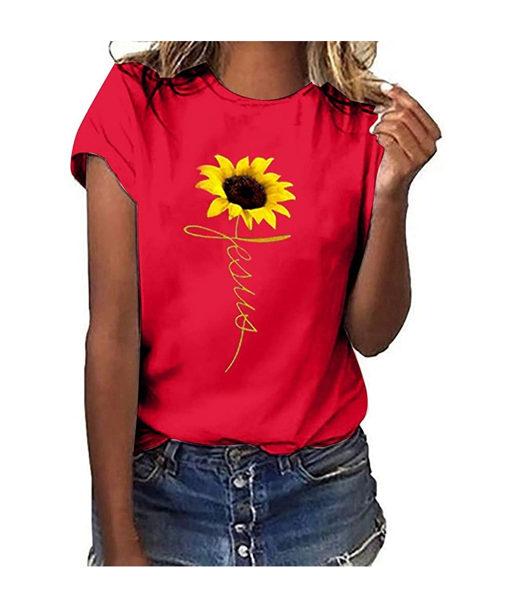 Racing Sunflower Graphic Tees Women Short/Long Sleeve Blouse Round Neck Summer Casual Loose Plus Size T Shirt Tops 2 Red - CV...