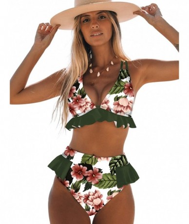 Sets Women High Waisted Swimsuit Ruffle V Neck Bikini Two Pieces Swimwear - Print 10 - CC198N2TO6U $45.81