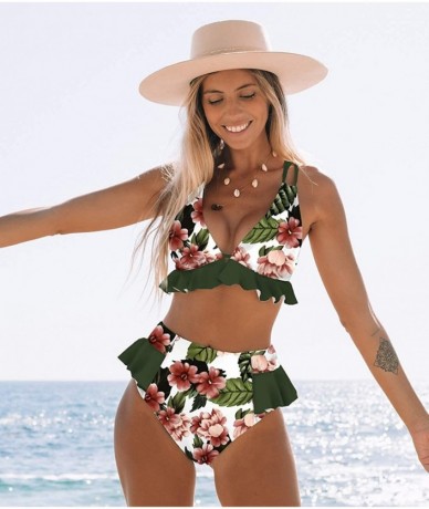 Sets Women High Waisted Swimsuit Ruffle V Neck Bikini Two Pieces Swimwear - Print 10 - CC198N2TO6U $45.81