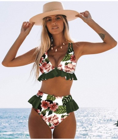 Sets Women High Waisted Swimsuit Ruffle V Neck Bikini Two Pieces Swimwear - Print 10 - CC198N2TO6U $45.81