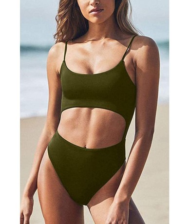 One-Pieces Womens Scoop Neck Cut Out Front Lace Up Back High Cut Monokini One Piece Swimsuit - Army Green - CR18T34R7MW $21.00