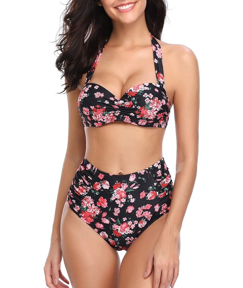 Sets Women High Waisted Bikini Set Lace Up Two Piece Swimsuits - Black Floral - CP18SK4AYNX $32.67