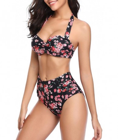 Sets Women High Waisted Bikini Set Lace Up Two Piece Swimsuits - Black Floral - CP18SK4AYNX $32.67