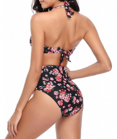 Sets Women High Waisted Bikini Set Lace Up Two Piece Swimsuits - Black Floral - CP18SK4AYNX $32.67