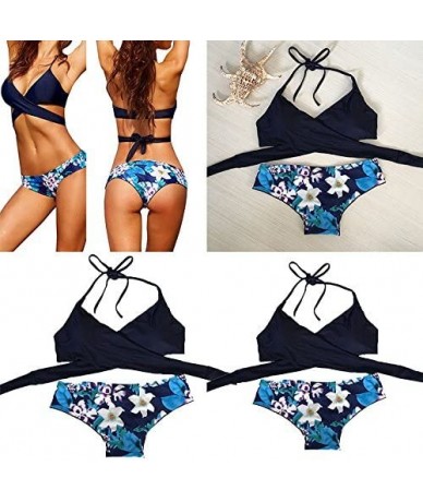 Sets Womens Summer Swimsuit Cross Halter Bandage Low Rise Bathing Suit Boho Hawaii Style 2PCS Bikini Set Swimwear 1 Blue - CP...