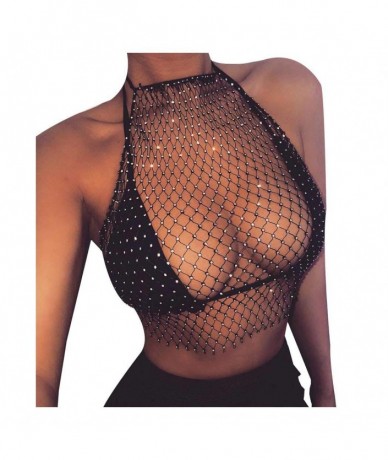 Cover-Ups Women Rhinestone Mesh Dress See Through Cover up Crop Tops Sexy Nightclub Fishnet Bikini Rave Festival Fashion Body...