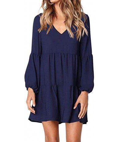 Cover-Ups Women's Flowy Sundress Flared Tunic Dress - Blue2 - C718UZU5ZCR $27.40