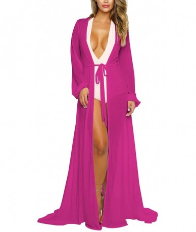 Cover-Ups Women's Sexy Thin Mesh Long Sleeve Tie Front Swimsuit Swim Beach Maxi Cover Up Dress - Fuchsia - CK18U45TEWI $49.20