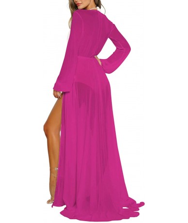 Cover-Ups Women's Sexy Thin Mesh Long Sleeve Tie Front Swimsuit Swim Beach Maxi Cover Up Dress - Fuchsia - CK18U45TEWI $49.20