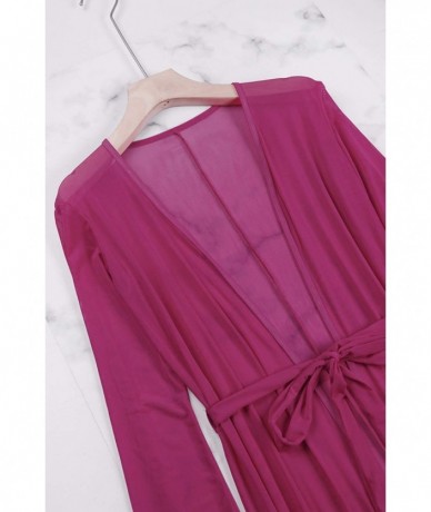 Cover-Ups Women's Sexy Thin Mesh Long Sleeve Tie Front Swimsuit Swim Beach Maxi Cover Up Dress - Fuchsia - CK18U45TEWI $49.20