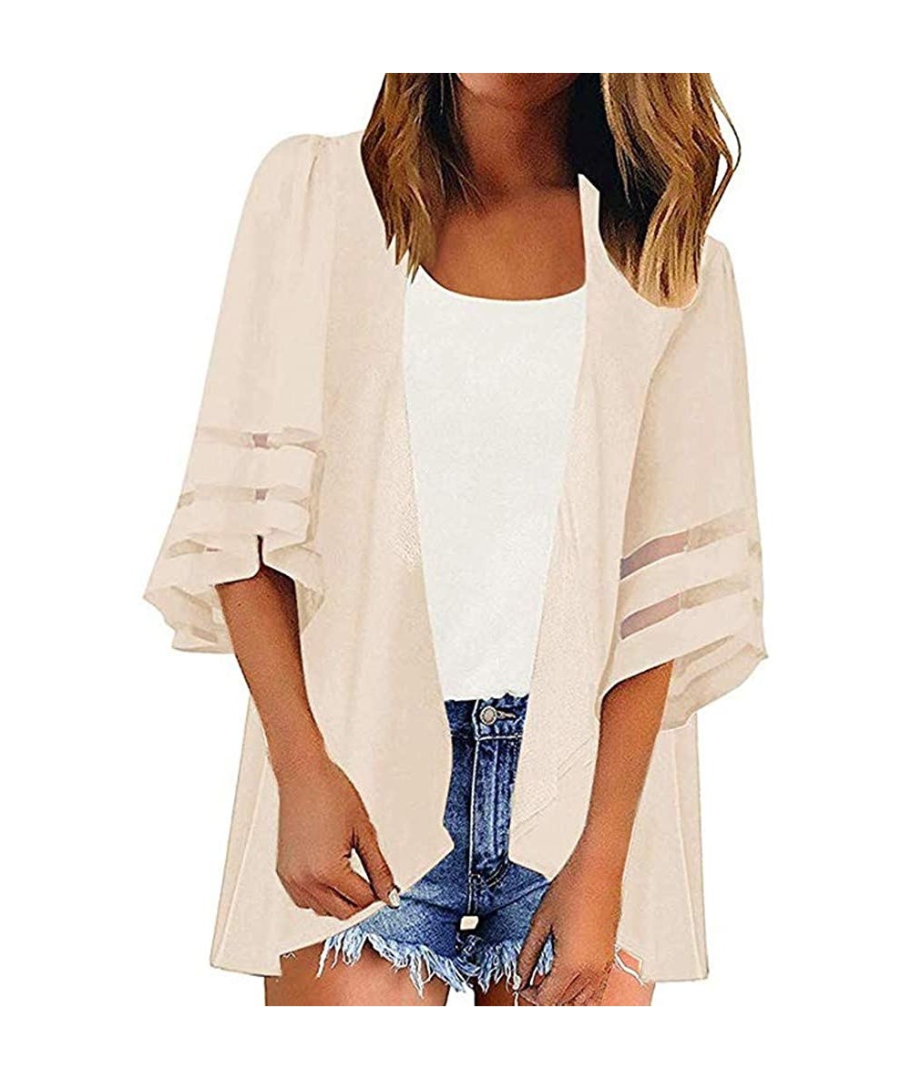 Cover-Ups Summer Woman's Beach Cardigan Mesh 3/4 Trumpet Sleeve Chiffon Kimono Coverup Casual Loose Smocked Shirt - Beige - C...