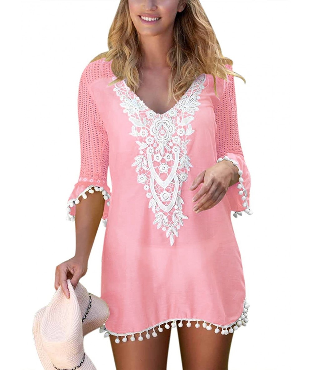 Cover-Ups Women's Pom Pom Trim Tassel Lace Crochet Swimwear Beach Cover up - Pink - C518LKO58XA $40.97