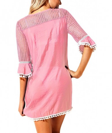 Cover-Ups Women's Pom Pom Trim Tassel Lace Crochet Swimwear Beach Cover up - Pink - C518LKO58XA $40.97