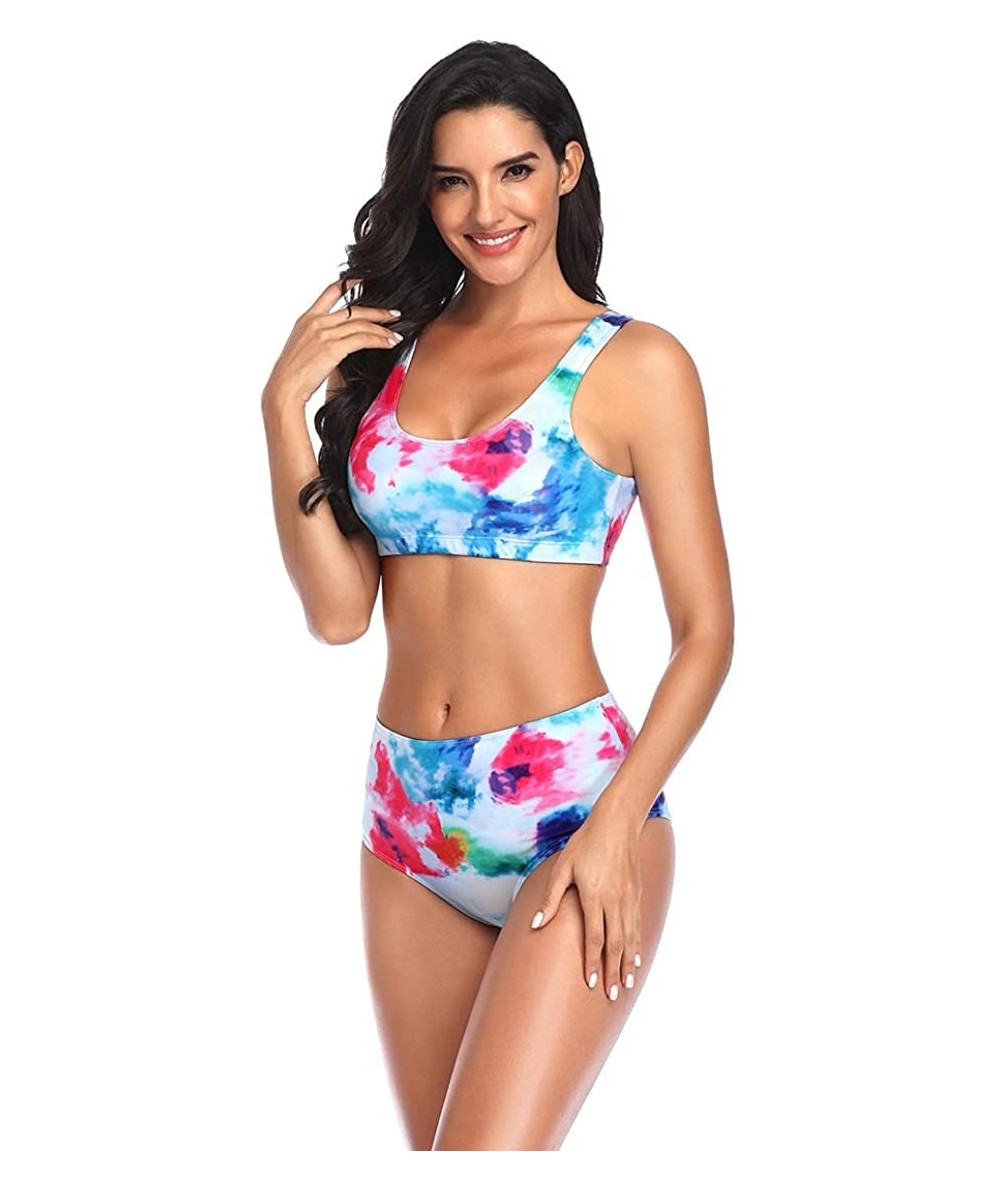 Sets Swimsuits for Women Two Piece Tie-dye Bathing Suits with High Waisted Bottom Bikini Set - Red - CE190E8KI6R $34.84