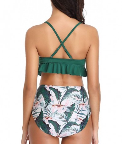 Sets Women High Waisted Bikini Flounce Two Piece Swimsuits V Neck Printed Bathing Suit - Green Floral - C618L8L99G4 $49.76