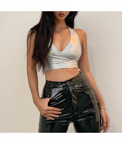 Tops Women's Strappy Crop Top Shirts - Bralette- Wrap Around Tops- Halter Styles - Silver - CW192K53CKS $36.07