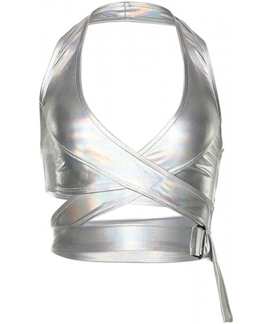 Tops Women's Strappy Crop Top Shirts - Bralette- Wrap Around Tops- Halter Styles - Silver - CW192K53CKS $36.07