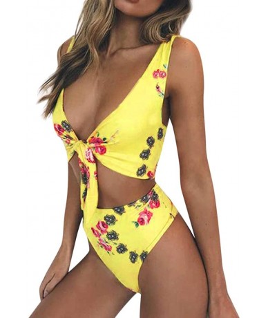 Sets Swimwear for Womens Sexy Polyester Swimming Floral Printed 2 Pieces Bathing Suit Beachwear Swimsuit Bikini Yellow - C818...