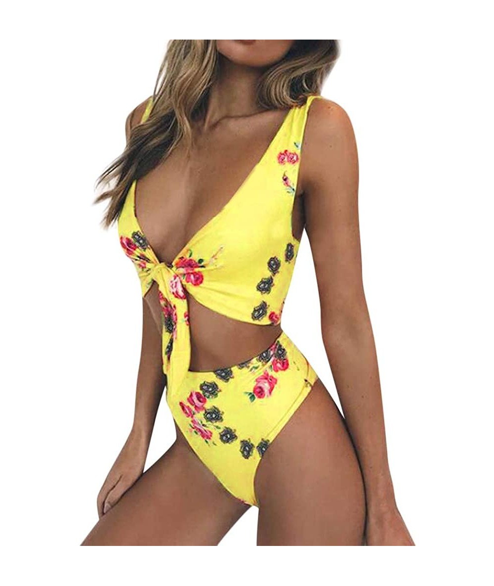 Sets Swimwear for Womens Sexy Polyester Swimming Floral Printed 2 Pieces Bathing Suit Beachwear Swimsuit Bikini Yellow - C818...