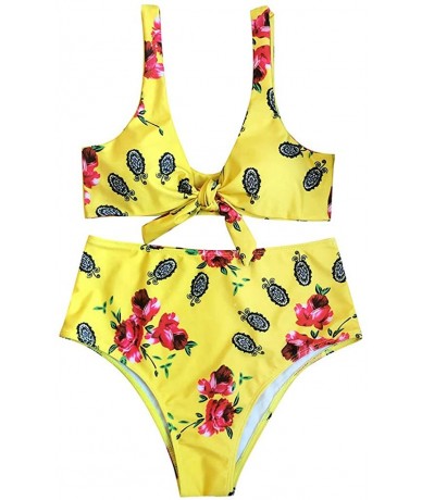 Sets Swimwear for Womens Sexy Polyester Swimming Floral Printed 2 Pieces Bathing Suit Beachwear Swimsuit Bikini Yellow - C818...