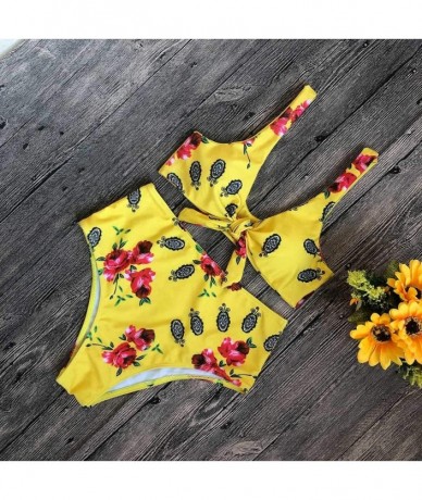 Sets Swimwear for Womens Sexy Polyester Swimming Floral Printed 2 Pieces Bathing Suit Beachwear Swimsuit Bikini Yellow - C818...