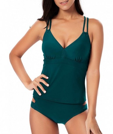 Sets Womens Tankini Swimsuits V Neck Criss Cross Back Tankini Set Tummy Control Two Piece Bathing Suits - Green - C6197R5NQ5K...