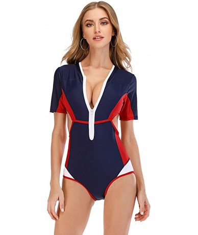 Rash Guards Women's Zip Front Printed Rashguard Swimsuit Sun Protection One Piece Swimwear - 9 Red - CD190EO3G0L $46.31