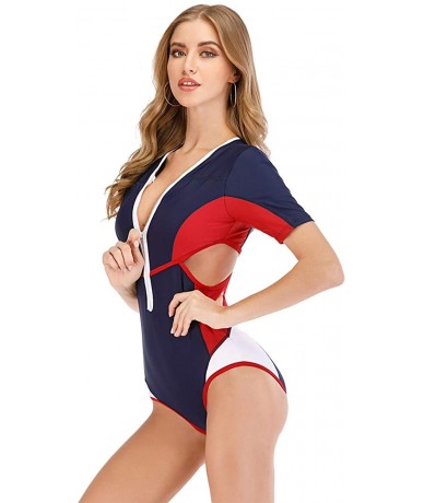 Rash Guards Women's Zip Front Printed Rashguard Swimsuit Sun Protection One Piece Swimwear - 9 Red - CD190EO3G0L $46.31