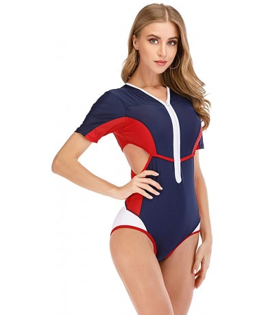 Rash Guards Women's Zip Front Printed Rashguard Swimsuit Sun Protection One Piece Swimwear - 9 Red - CD190EO3G0L $46.31