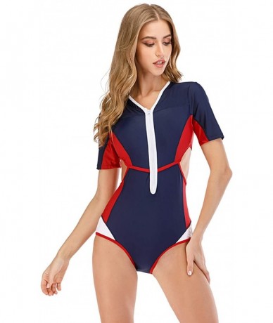 Rash Guards Women's Zip Front Printed Rashguard Swimsuit Sun Protection One Piece Swimwear - 9 Red - CD190EO3G0L $46.31