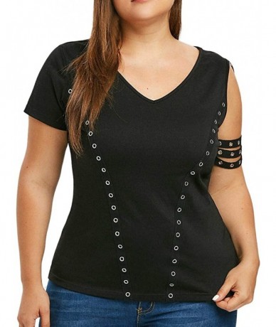 Cover-Ups Women Fashion Plus Size V-Neck Single Sleeve Punk Grommet Solid Tops T-Skirt - Black - C118S58S8RG $32.69