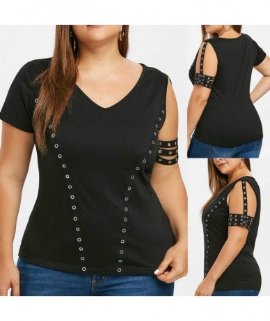 Cover-Ups Women Fashion Plus Size V-Neck Single Sleeve Punk Grommet Solid Tops T-Skirt - Black - C118S58S8RG $32.69