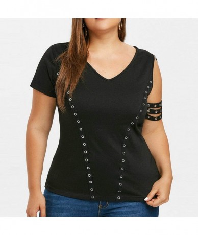 Cover-Ups Women Fashion Plus Size V-Neck Single Sleeve Punk Grommet Solid Tops T-Skirt - Black - C118S58S8RG $32.69