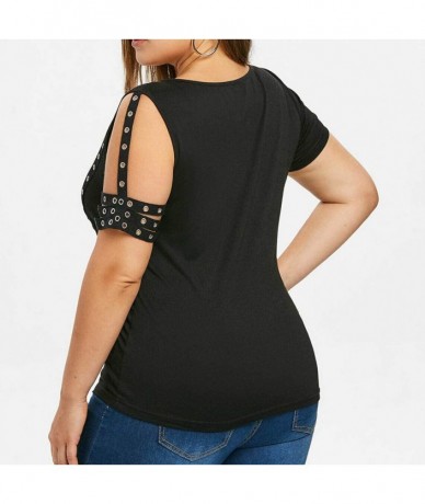 Cover-Ups Women Fashion Plus Size V-Neck Single Sleeve Punk Grommet Solid Tops T-Skirt - Black - C118S58S8RG $32.69