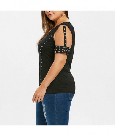 Cover-Ups Women Fashion Plus Size V-Neck Single Sleeve Punk Grommet Solid Tops T-Skirt - Black - C118S58S8RG $32.69