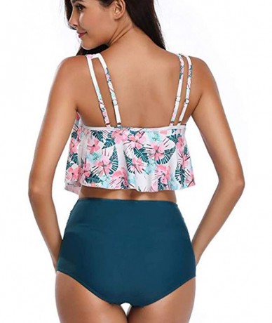 Sets Women Swimwear Bikini Set-Two Piece Plus Size Sexy Backless Halter Floral Printed Beachwear Swimsuit - D-blue - CU194W3E...