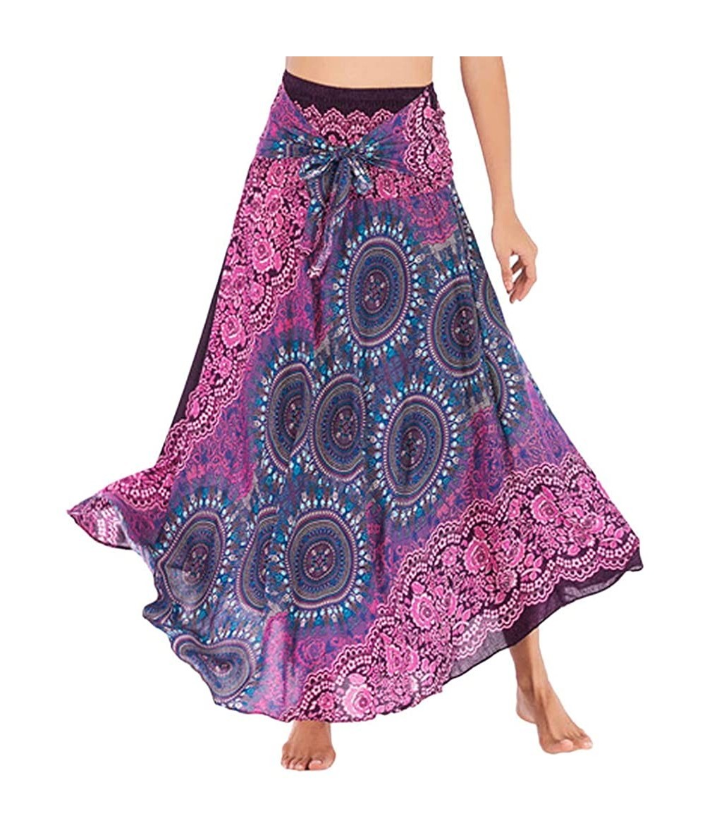 Racing Womens Boho Maxi Long Length Skirts Vintage Floral Print High Elastic Waist Pleated Long Maxi Skirt Dress Hot Pink - C...